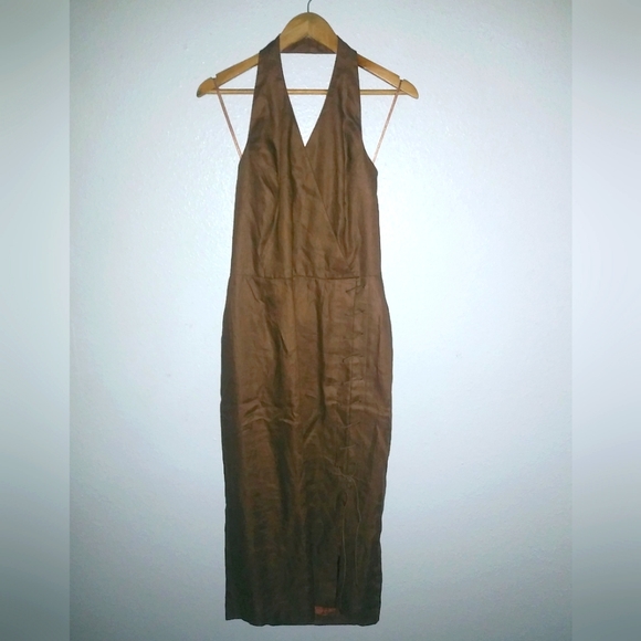 Gillian for Neiman-Marcus 14 Linen Halter Midi Shift Dress in Caramel - Picture 2 of 10